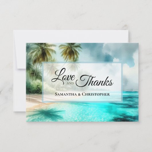 Tropical Beach Watercolor Love & Thanks Wedding サンキューカード (正面)