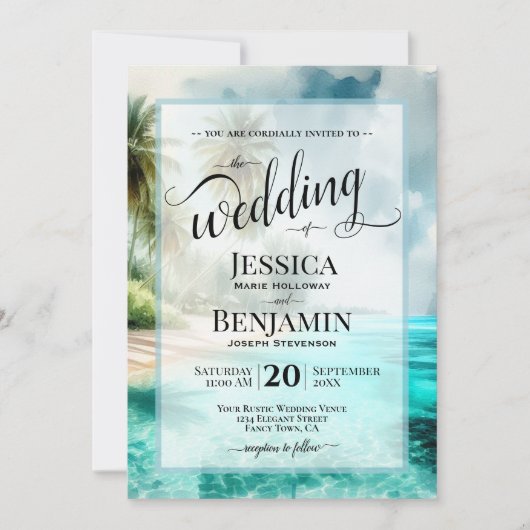 Tropical Beach Watercolor Stylish Script Wedding 招待状 (正面)
