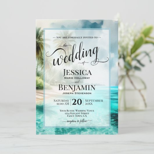 Tropical Beach Watercolor Stylish Script Wedding 招待状 (スタンド正面)