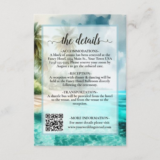 Tropical Beach Watercolor Wedding Details QR Code エンクロージャーカード (正面)