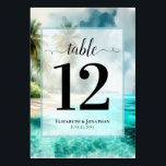 Tropical Beach with Palm Trees Elegant Wedding テーブルナンバー<br><div class="desc">Make it easy for your guests to find their tables with these lovely table number cards. The elegant coastal or island themed design features fancy script calligraphy on a watercolor background of a tropical beach with palm trees and turquoise waters. The names of the couple and wedding date appear at...</div>