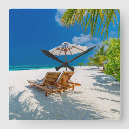 Tropical Beaches | Lounge Chairs Beach, Bora Bora スクエア壁時計 (正面)