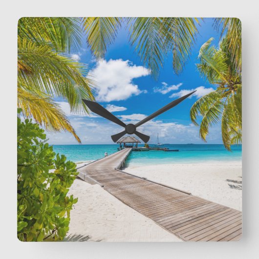 Tropical Beaches | Maldives Island Wooden Jetty スクエア壁時計 (正面)
