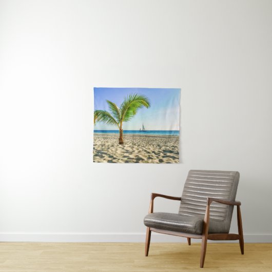 Tropical Beaches | Sailboat, Palm Tree, Aruba タペストリー (インサイチュ(横))