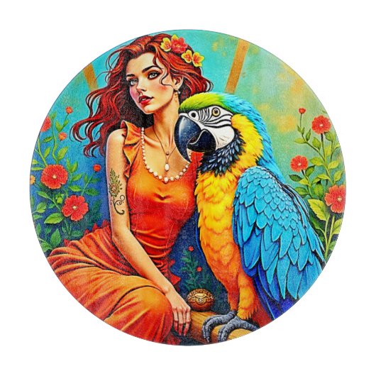 Tropical Beauty and Blue Parrot Design カッティングボード (正面)
