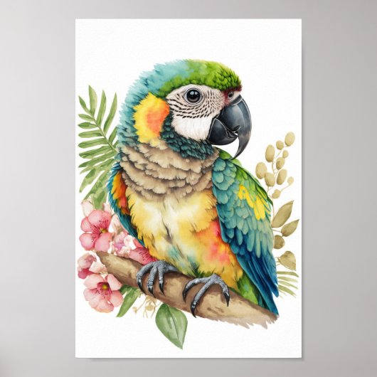Tropical bird wall art macaw with flowers print  ポスター (正面)