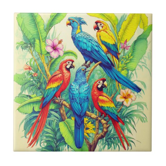 Tropical Birds Botanical Illustration タイル (正面)