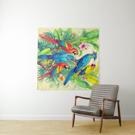 Tropical Birds Botanical Illustration タペストリー (インサイチュ(横))
