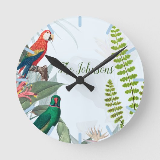 Tropical Birds Parrots & Foliage ラウンド壁時計 (正面)