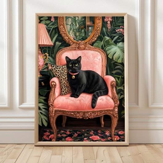 Tropical Black Cat on Sofa Poster Print, Funny Bla ポスター