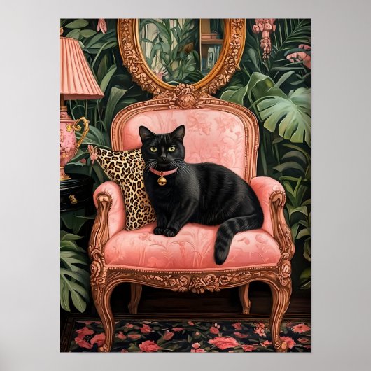 Tropical Black Cat on Sofa Poster Print, Funny Bla ポスター (正面)