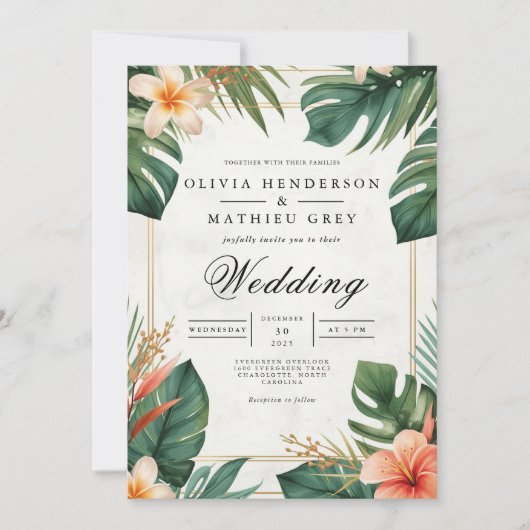 Tropical Bloom Accent Wedding 招待状 (正面)