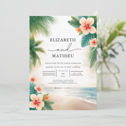 Tropical Bloom Beach Scene Wedding 招待状 (スタンド正面)
