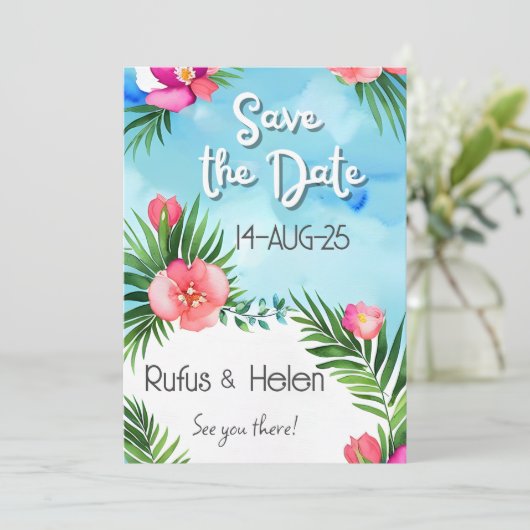 Tropical Blooms Summer Beach Wedding Save the Date 招待状 (スタンド正面)