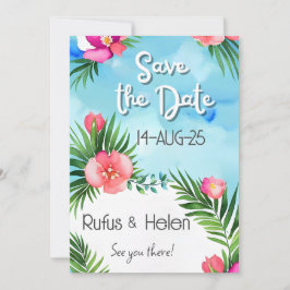 Tropical Blooms Summer Beach Wedding Save the Date 招待状