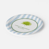 Tropical Blue Cabana Stripe Coastal Retro Wedding ペーパープレート (アングル)