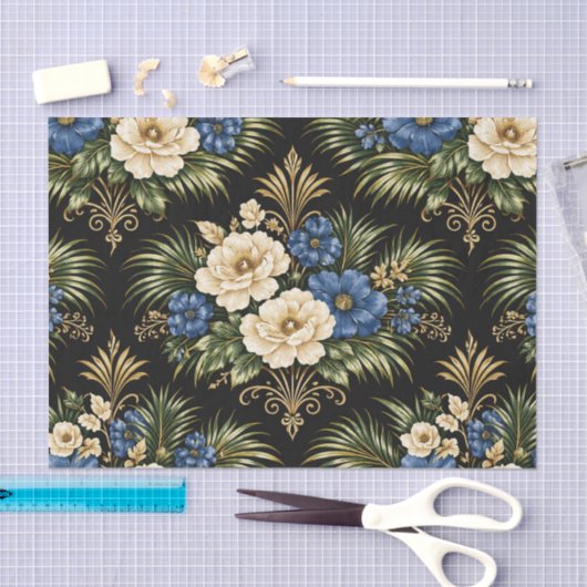 Tropical Blue Palm Floral 薄葉紙 (クラフト)