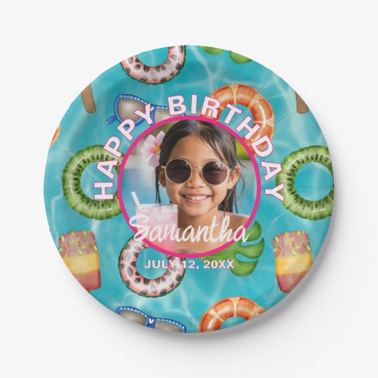 Tropical Blue Pool Party Birthday Paper Plates ペーパープレート (正面)