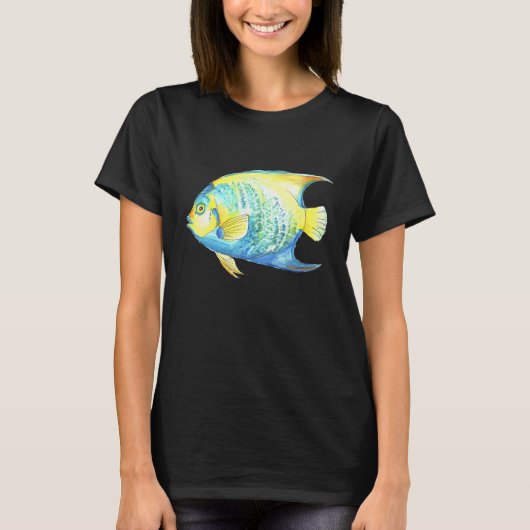 Tropical Blue Queen Angelfish Aquarium Watercolor  Tシャツ (正面)
