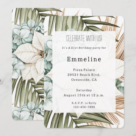 Tropical Blue White Flowers Birthday   招待状 (正面/裏面)