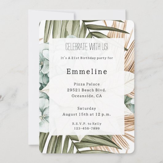 Tropical Blue White Flowers Birthday   招待状 (正面)