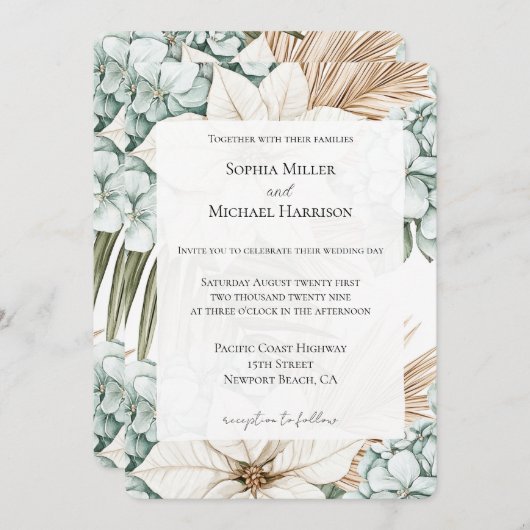 Tropical Blue White Flowers Wedding 招待状 (正面/裏面)