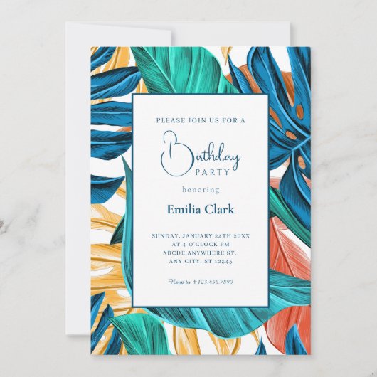 Tropical Blue yelllow leaves birthday 招待状 (正面)