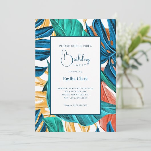 Tropical Blue yelllow leaves birthday 招待状 (スタンド正面)