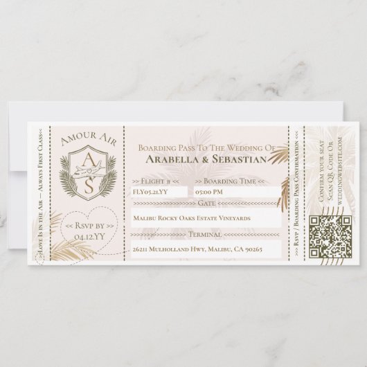 Tropical Boarding Plane Ticket Destination Wedding 招待状 (正面)