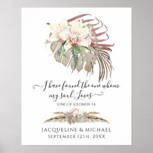 Tropical Boho Floral White Orchid Foliage Wedding ポスター