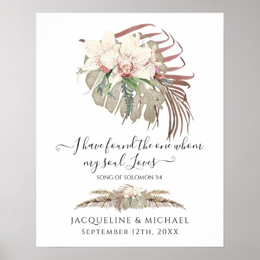 Tropical Boho Floral White Orchid Foliage Wedding ポスター (正面)