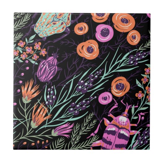 Tropical Botanical and Bugs Colorful Abstract Art タイル (正面)