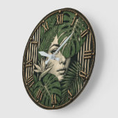 Tropical Botanical Woman Jungle Monstera Leaf ラージ壁時計 (傾斜)