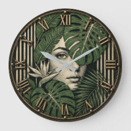 Tropical Botanical Woman Jungle Monstera Leaf ラージ壁時計