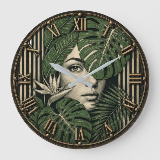 Tropical Botanical Woman Jungle Monstera Leaf ラージ壁時計 (正面)