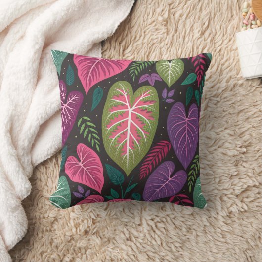 Tropical Caladium Leaves Pattern Pillow – Deep Pur クッション (ブランケット)