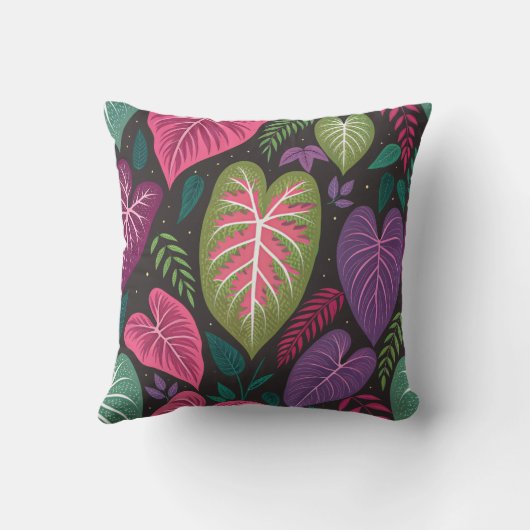 Tropical Caladium Leaves Pattern Pillow – Deep Pur クッション (裏面)