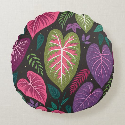 Tropical Caladium Round Pillow – Purple & Green Bo ラウンドクッション (正面)