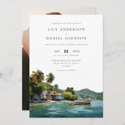 Tropical Caribbean Destination Photo Wedding 招待状 (正面/裏面)