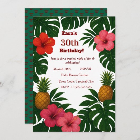 Tropical Chic Monstera Hibiscus PineapplInvitation 招待状 (正面/裏面)