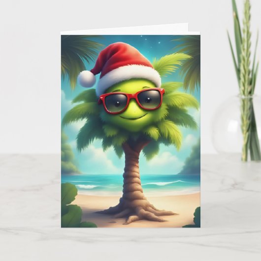 Tropical Christmas Cheer – Santa Palm Tree Card カード (正面)
