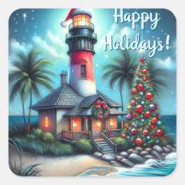 Tropical Christmas Lighthouse Nautical Holidays スクエアシール