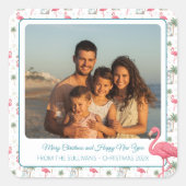 Tropical Christmas Pink Flamingo Family Photo スクエアシール (正面)