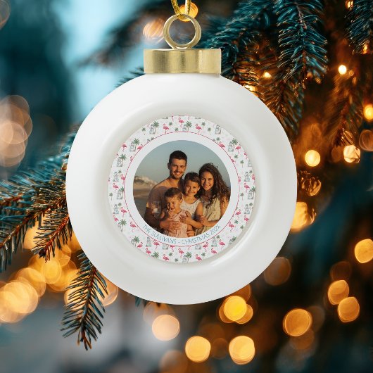 Tropical Christmas Pink Flamingo Family Photo セラミックボールオーナメント