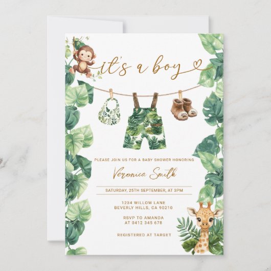 Tropical clothesline Boy Baby Shower 招待状 (正面)