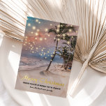 Tropical Coastal Beach Christmas 箔シーズンカード<br><div class="desc">Vintage beach christmas holiday card featuring a sunset tropical beach setting with lush palm trees,  string gold foil lights,  seasons greetings,  and your name.</div>