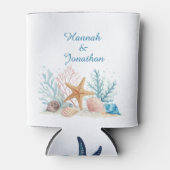 Tropical Coastal Beach Wedding Watercolor Seashell 缶クーラー (正面)