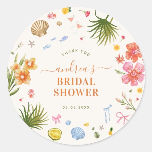Tropical Coastal Hand Drawn Shells Bridal Shower ラウンドシール (正面)