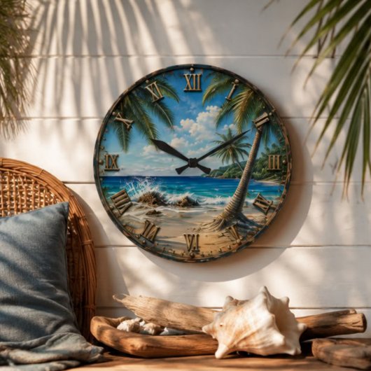 Tropical Coastal Ocean palm Tree Beach ラージ壁時計