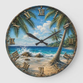 Tropical Coastal Ocean palm Tree Beach ラージ壁時計 (正面)